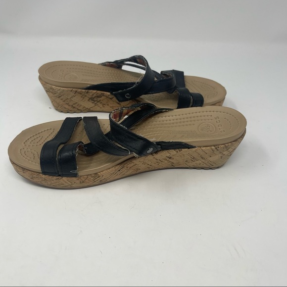 Crocs Women's A-Leigh Cork Black Brown Wedge Strappy Sandals Size 8 - Picture 3 of 8